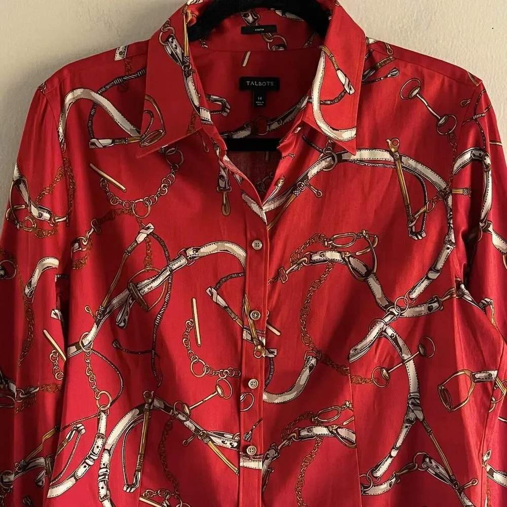 Talbots Top Plus Size 14 Womens Shirt Chains Versace Style Red Gold Print Button - Picture 10 of 10